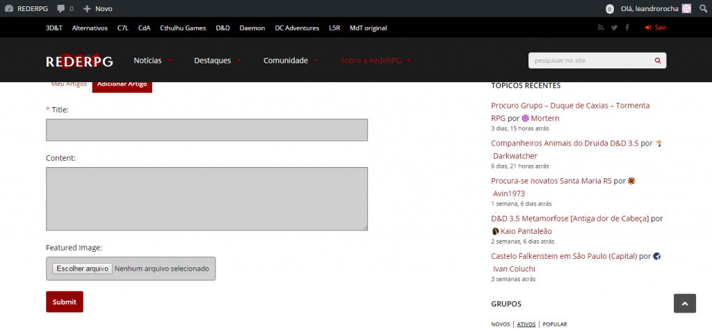 Adicionar Artigo   Artigos   leandrorocha   REDERPG